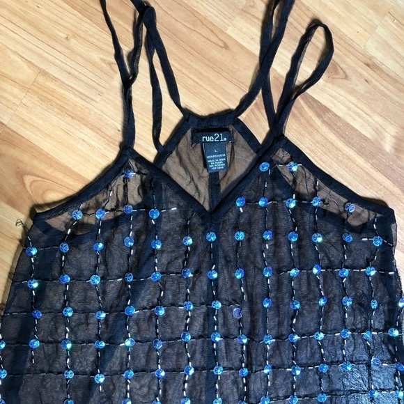 3/$25 🍄 Rue 21 Black Mesh See Through Blue Sequined Beaded Tank Size Large - Picture 5 of 6